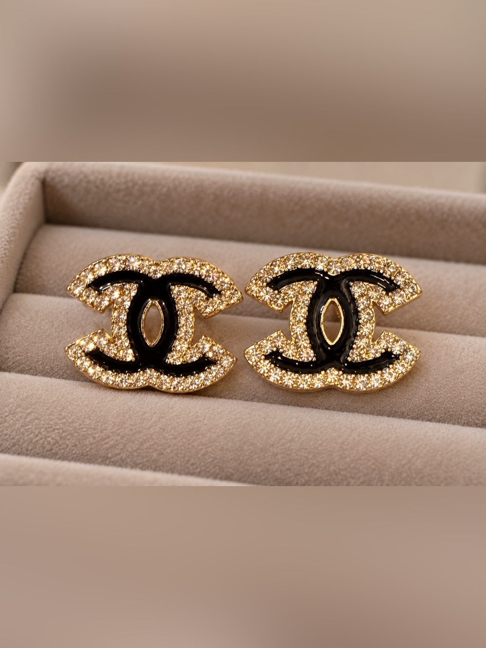 Fashion Jewelry Gold and Black Crystal CC Logo Earrings